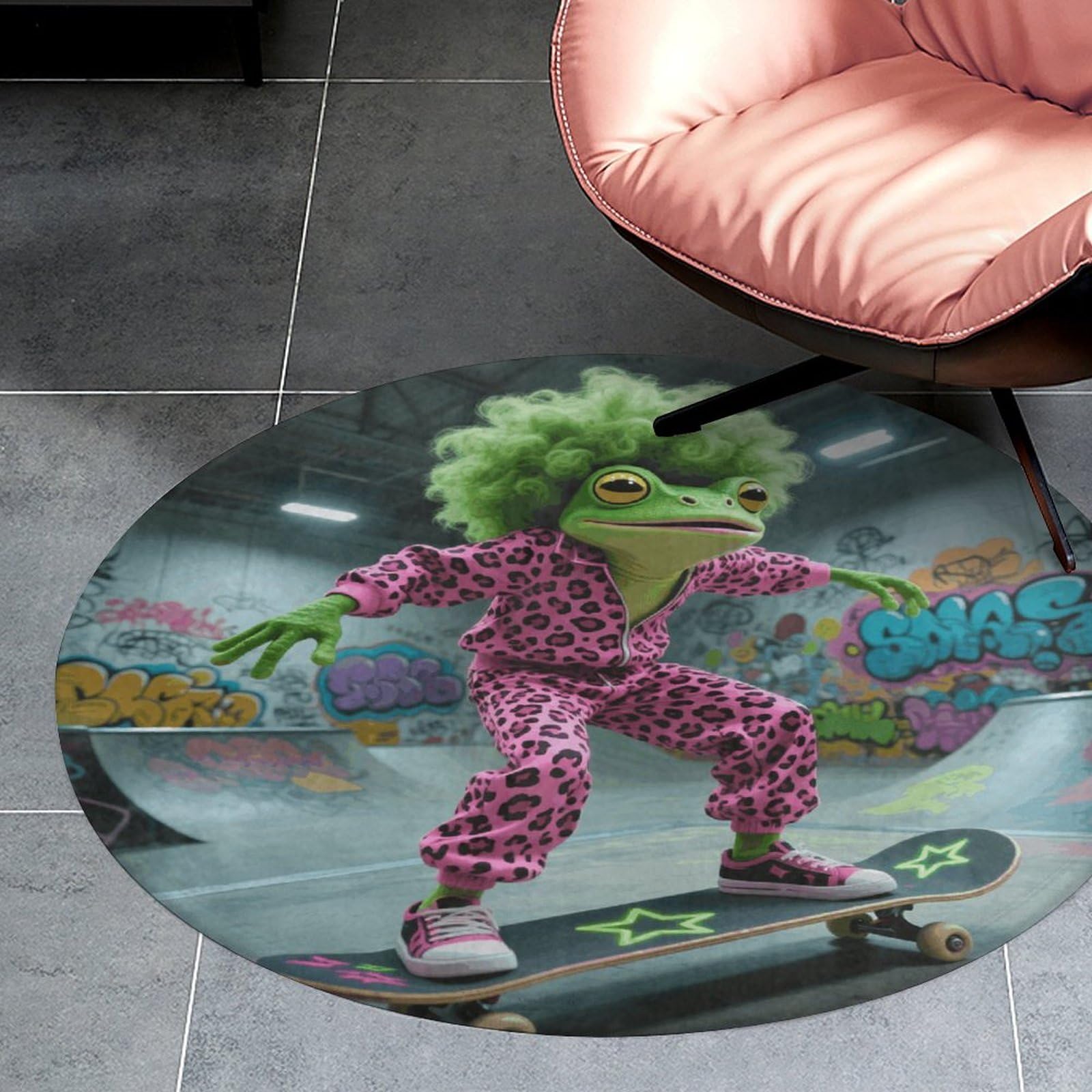 Tapis rond en velours de corail de 0,9 m antidérapant et absorbant à motif grenouille