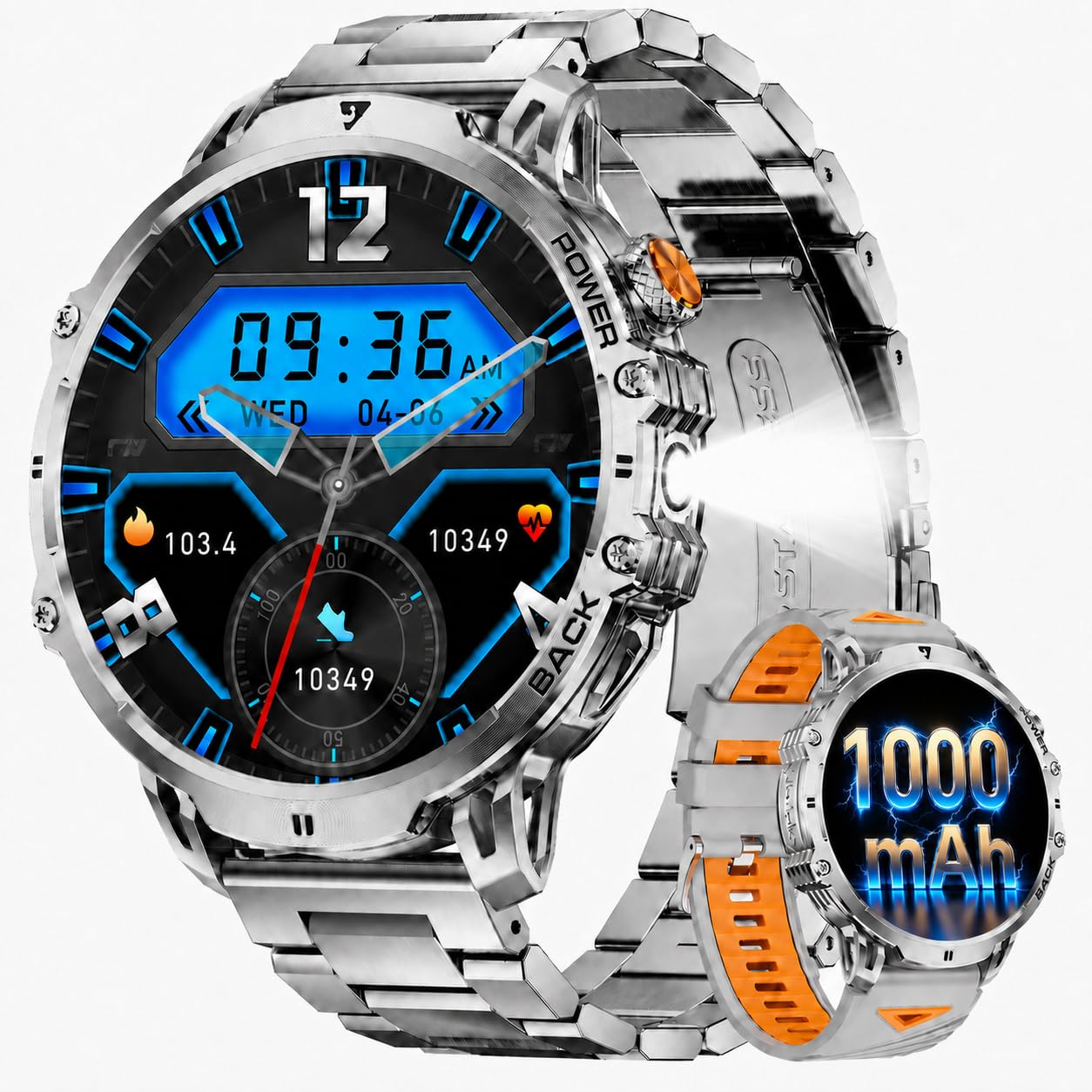 LIMIGE Smartwatch Herren, 1.85" 1000mAh IP68 110+Sport LED-Taschenlampe | AMOLED-Display, 50-Tage-Akku, Bluetooth-Anrufe, Freisprechen, Spo2/Herzfrequenz/Schlafüberwachung für iOS/Android