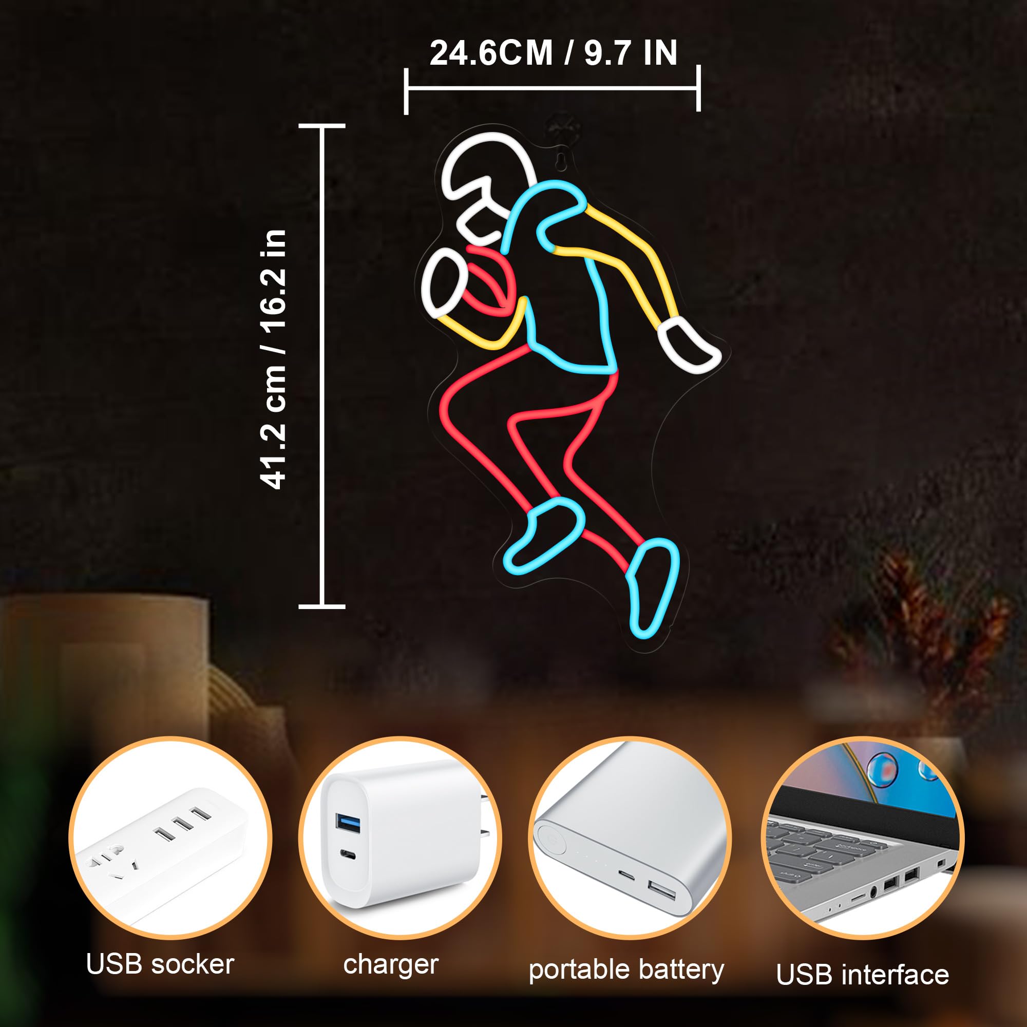 CoolGift Mart Letrero de neón para jugador de fútbol, decoración de pared LED regulable para fanáticos de los deportes, alimentado por USB, ideal para sala de estar, cueva de hombre, universidad,