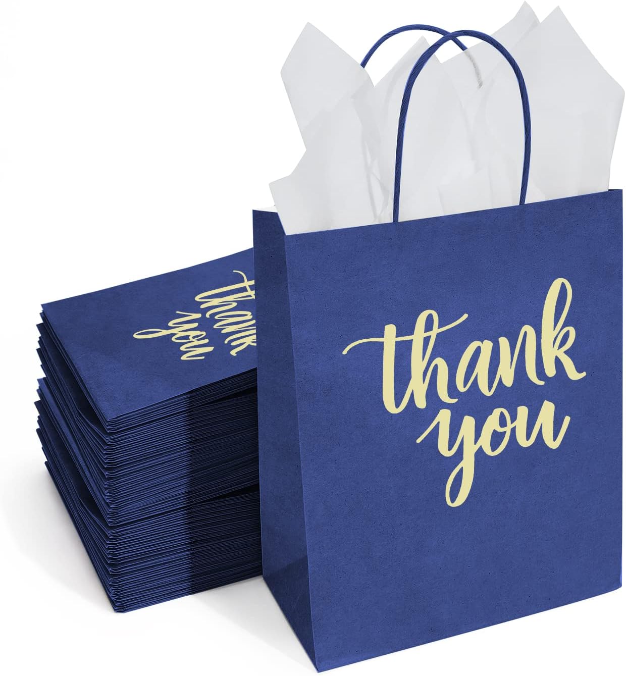 DjinnGlory 50 Pack Medium Navy Thank You Gift Bags with Handles 10x8x4 Inch, Nautic Blue Paper Bags and White Tissue Paper for Small Business, Graduation, Wedding, Bridal Baby Shower Party Favors - Image 2
