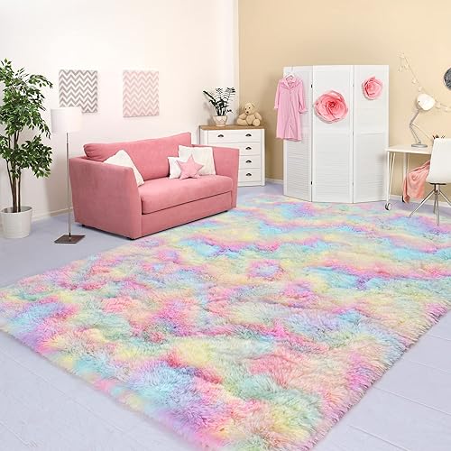 RUGICI Alfombras peludas de área de arcoíris teñidas con lazo, 6 x 9 pies, alfombras peludas para habitación de niñas, antideslizantes, peludas,