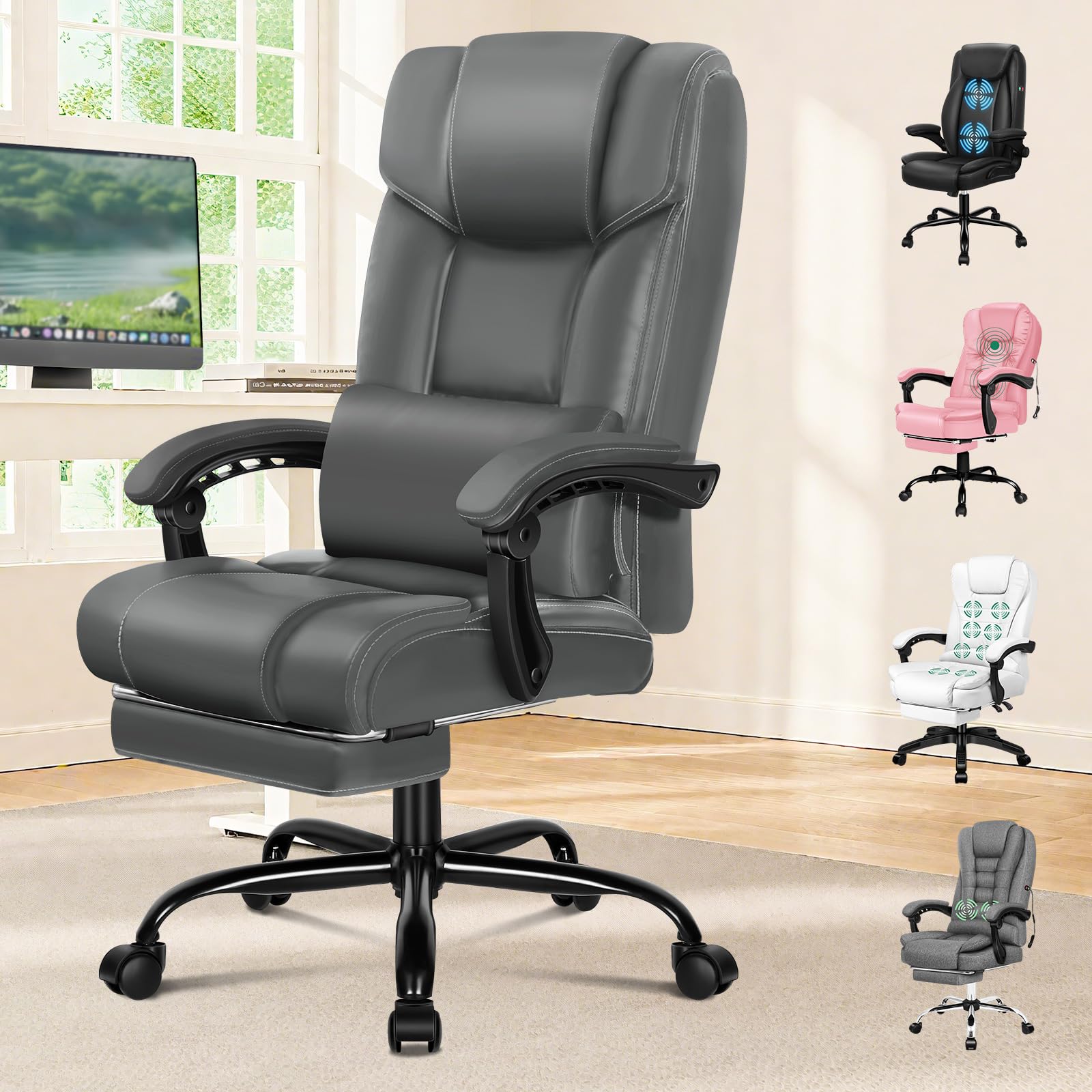 ELFORDSON Office Chair with Lumbar Cushion, Ergonomic Gaming Chairs with Footrest, High Back Heavy-duty Chair, 150° Backrest Recliner, Adjustable Height, Swivel, PU Leather, Grey