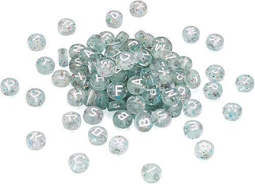 Pandahall - 200 cuentas acrílicas transparentes de letras con polvo de purpurina de 0.276 x 0.157 in, cuentas redondas planas transparentes del