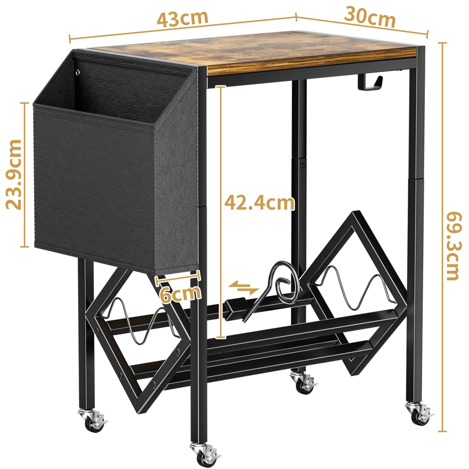 Supporto in Vinile per Dischi e Giradischi, Tavolo in Legno e Metallo, Fino a 80 LPs, con Ruote e Sacchetto di Stoffa Organizzatore (Nero)