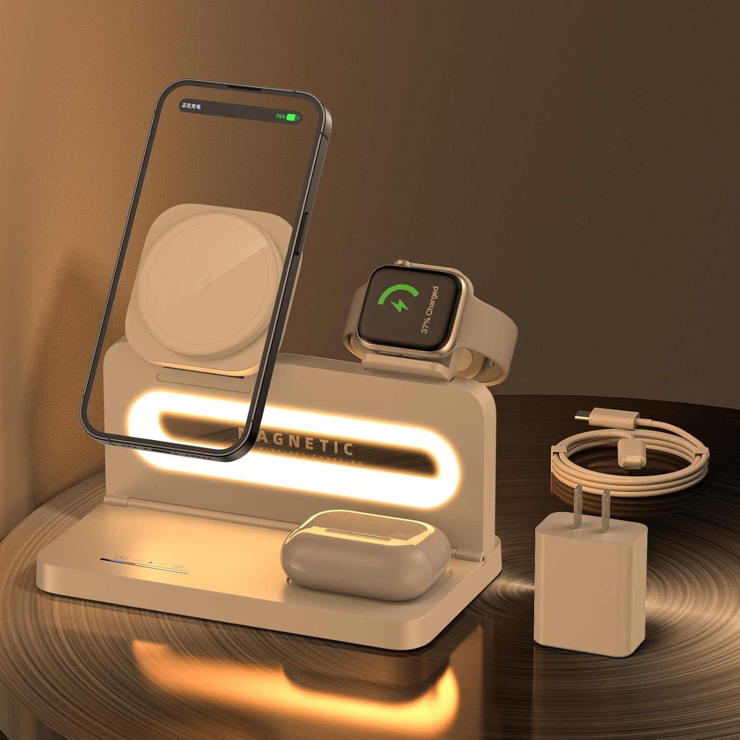 3 in 1 Wireless Charging Station for Apple MagSafe Charger,Magnetic Wireless Charger Stand for iPhone 16 15 14 13 12,Foldable Nightstand Charging Dock for Apple Devices iWatch,AirPods with Night Light