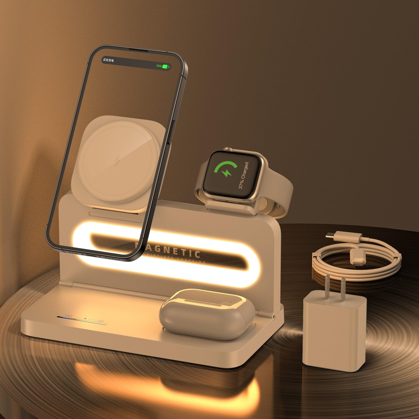 Bezprzewodowa stacja ładująca 3 w 1 do ładowarki Apple MagSafe, magnetyczny stojak na ładowarkę bezprzewodową do iPhone'a 16, 15, 14, 13, 12, składana stacja ładująca do urządzeń Apple iWatch, AirPods