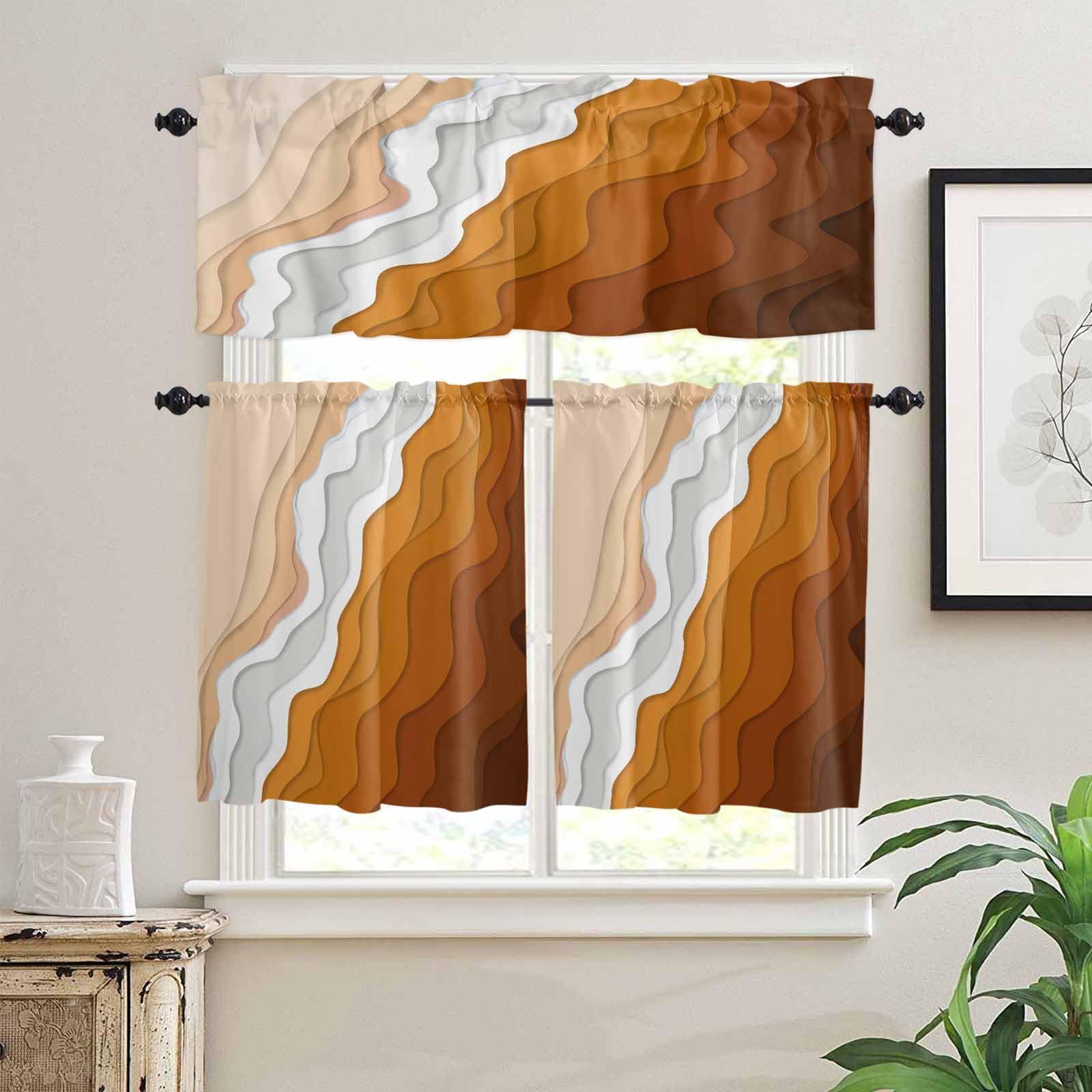 Orange Coastal Beach Kitchen Curtains 36 Inch Length,3 Piece Rod Pocket Small Half Tiers and Valance Set,Rustic Abstract Sea Waves Striped Small Large Window Treatment Decor for Bedroom/Bathroom Sink