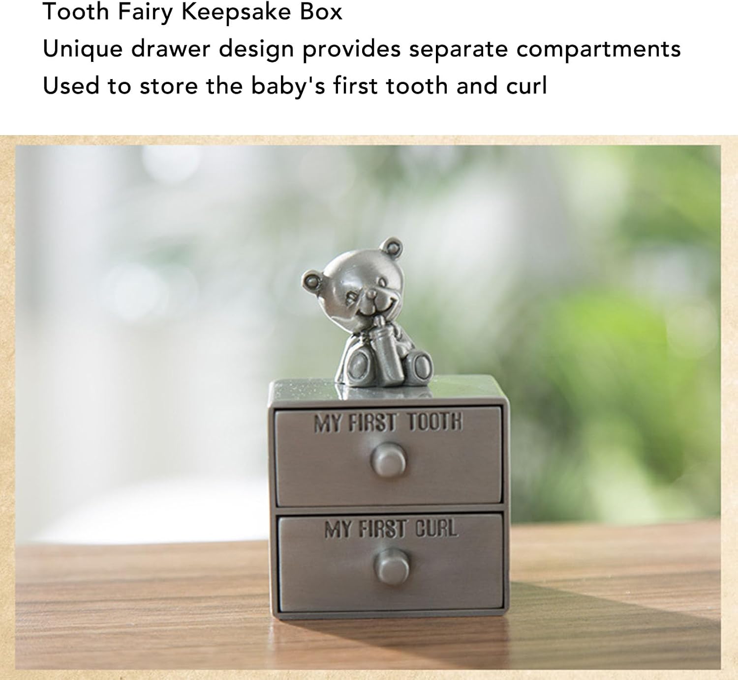Baby Tooth Keepsake Box, Alloy Baby First Tooth and Curl Keepsake Box Set, Cute Bear Decoration Drawer Design Tooth Fairy Keepsake Box for Kids, Boys and Girls (Silver)