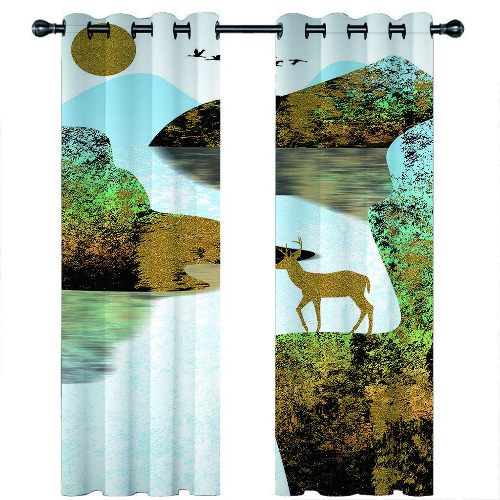Rideau occultant isolant thermique paysage 3D vert et doré 234x230cm pour fenêtre