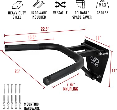 Valor Fitness Wall Mounted Dip Station - Foldable Dip Bar for Home Gym -Heavy Duty Steel Upper Body Training Equipment - Multi Grip Handles for Dips, Leg Raises, and Ab Workout - 350 lb Capacity