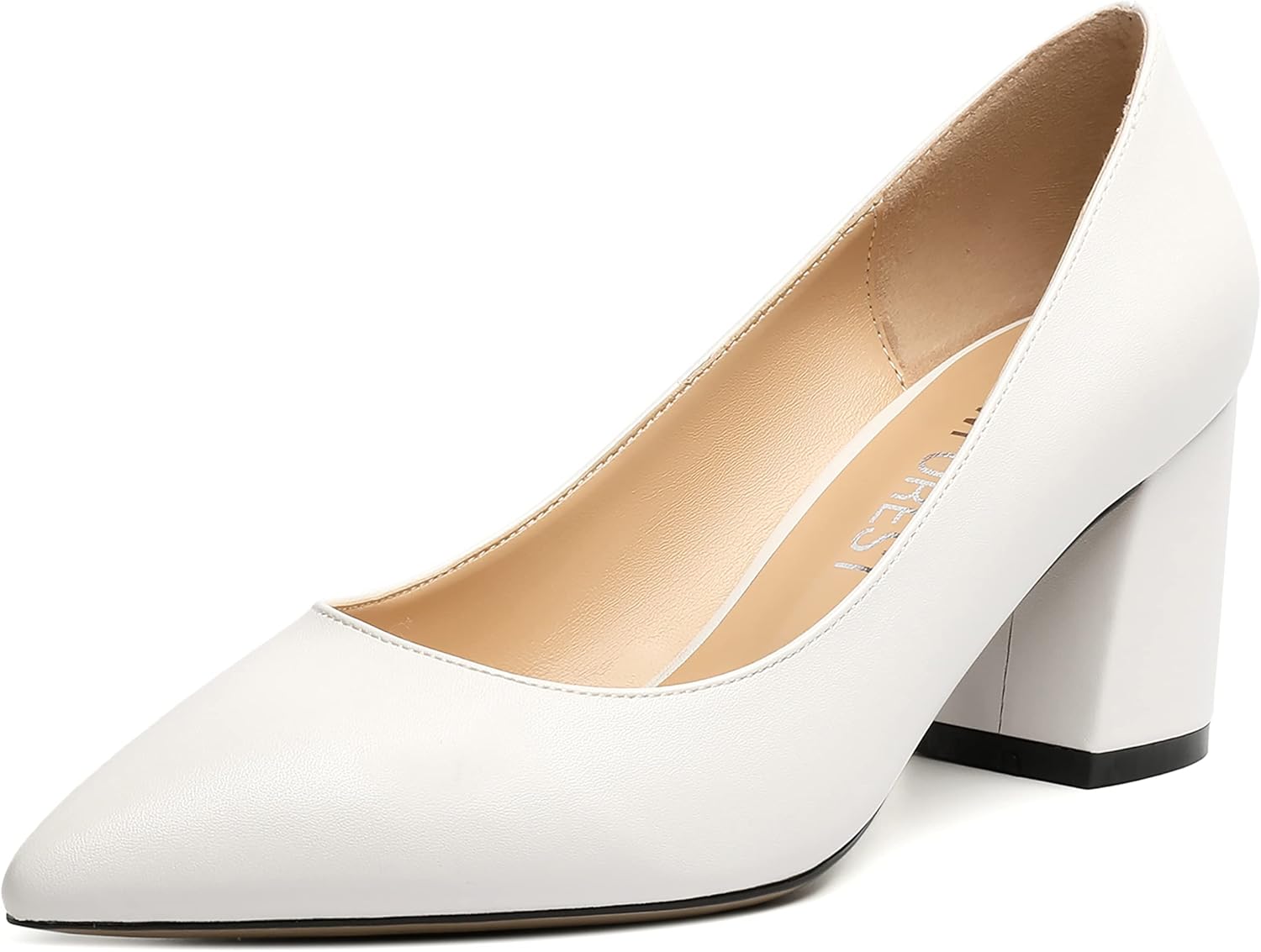 SHOWFOREST Women's 2.5 Inch Mid Heel Pointed Toe Dress Dating Solid Slip On Leather Block Pumps Shoes White Size 9 - Zapatos de Tacon para Mujer