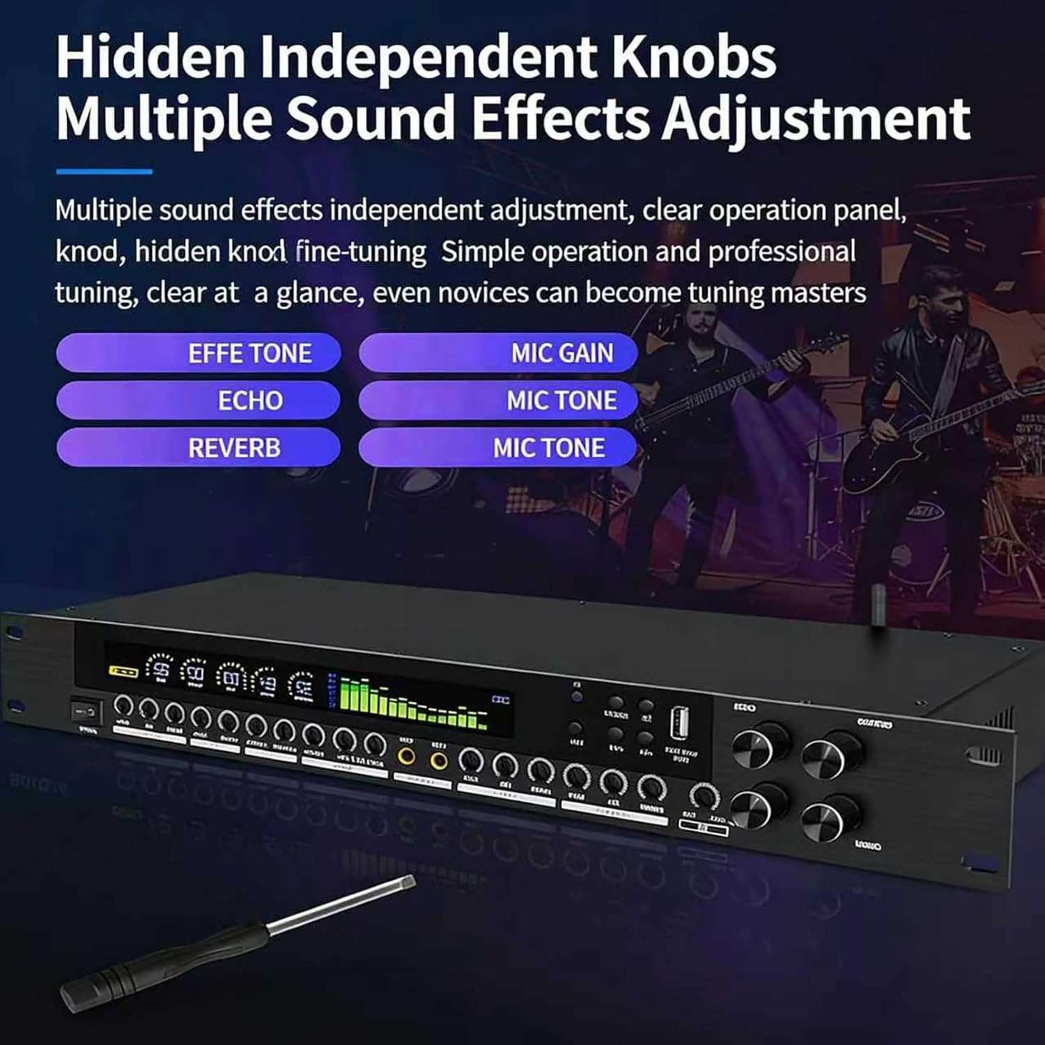 Procesador de audio digital preetapa con ecualizador antiaullidos, pantalla LCD, ritmo de espectro dinámico, efectos ajustables para uso doméstico y escénico