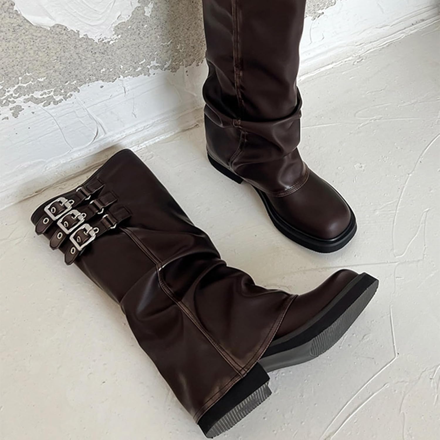 MAVMAX Women Slouchy Knee High Boots Casual Round Toe Pull On Riding Biker Boots Fold Over Chunky Low Heel Platform Boot - Image 4