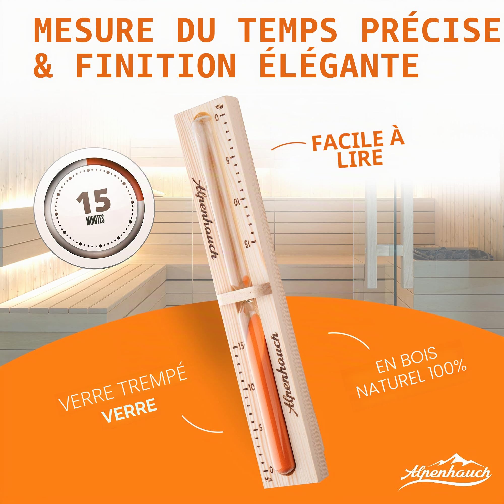 ALPENHAUCH Sablier pour sauna 15 minutes en bois 100 % naturel - Horloge de sauna élégante avec sable fin - Horloge de sauna robuste avec verre de sécurité - Horloge de sauna rotative à 360° - Avec