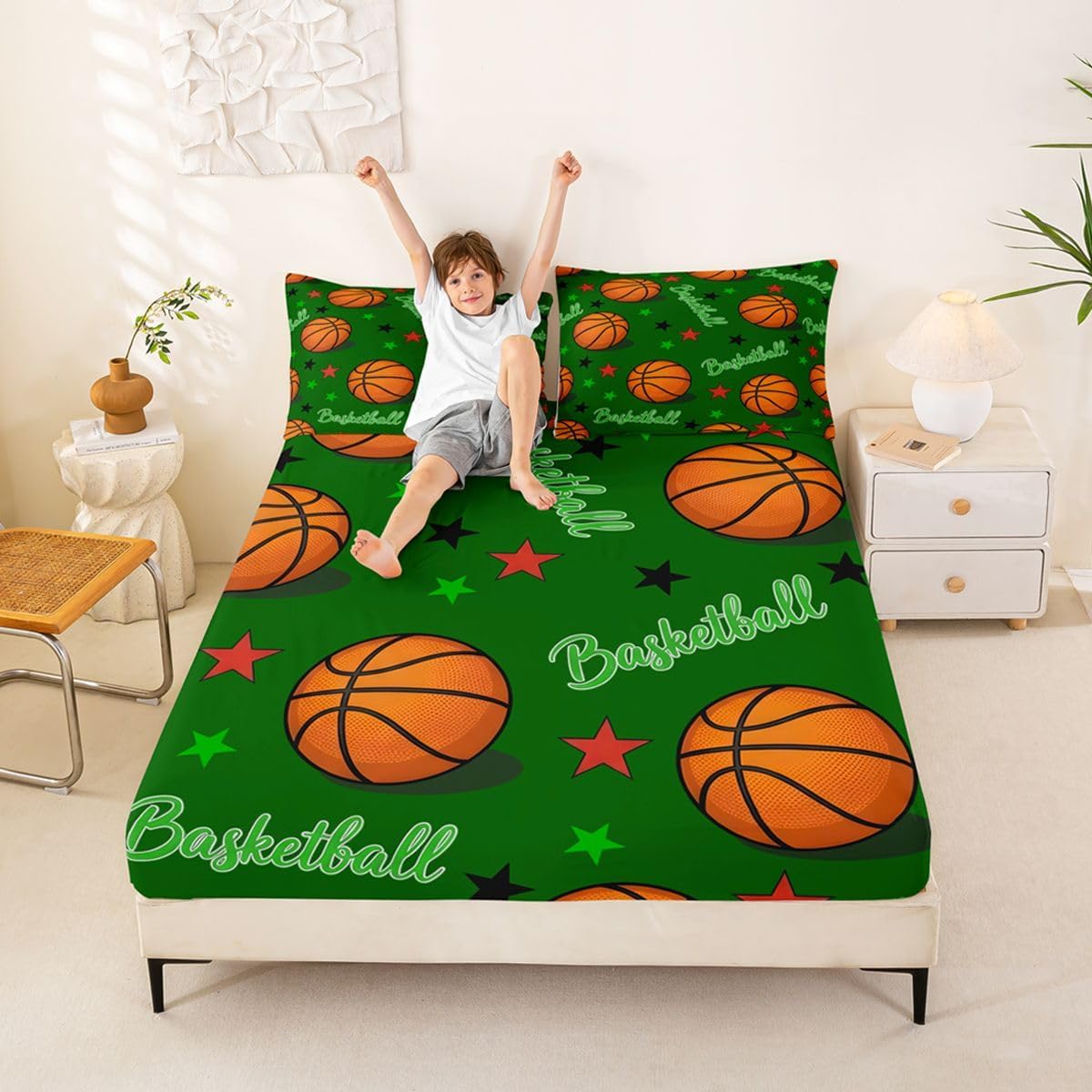 Erosebridal Basketball Bed Sheets Full Ball Game Sheet Set, Basketball Lover Soft Lightweight Bedding Set, Playground Green Brown Fitted Sheet with Deep Pocket