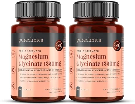 Triple Strength Magnesium Glycinate 1350mg x 180 Caplets 2 Bottles of 90   202.5mg Elemental Magnesium Per Caplet   6 Months Supply - 100% Glycine Chelated, Gentle on the Stomach