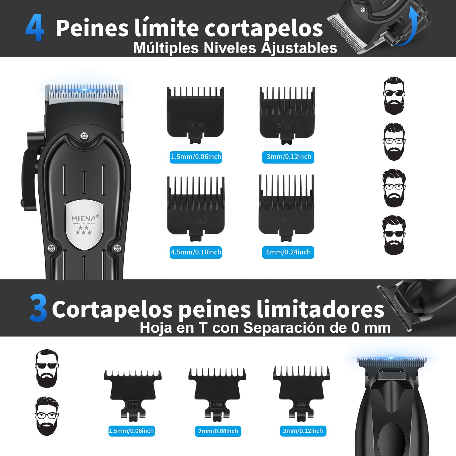 HIENA PRO Maquina de Cortar Pelo Hombre, Inalámbrico Cortapelos, Recortadora de Barba, Afeitadora de Láminas, Cortapelos de Nariz, Juego Completo Kit Barbero Eléctrico