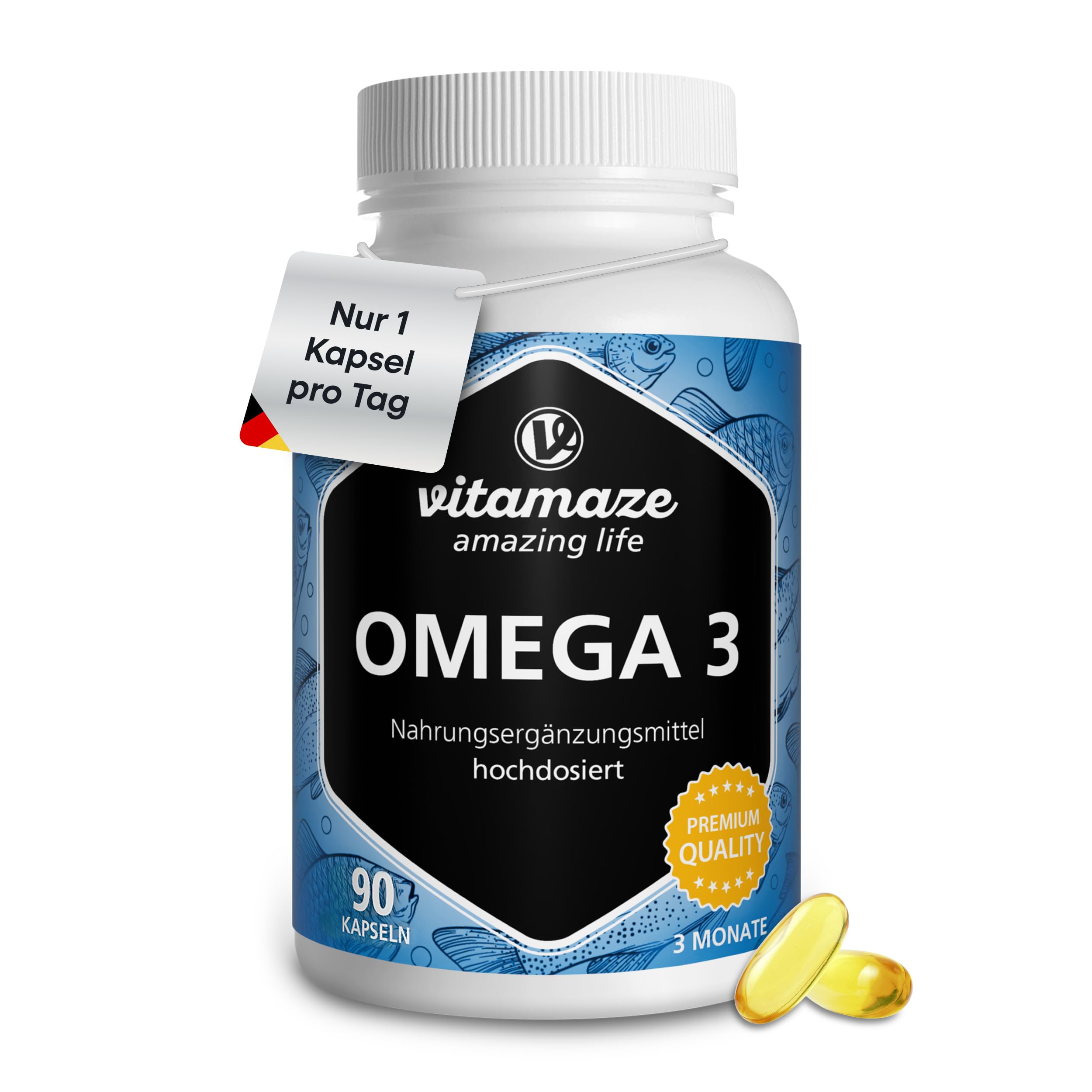 Omega-3 Hochdosiert Kapseln – 400 mg EPA / 300 mg DHA pro Kapsel, 90 Softgels, Triglycerid-Form, nachhaltig, Made in Germany