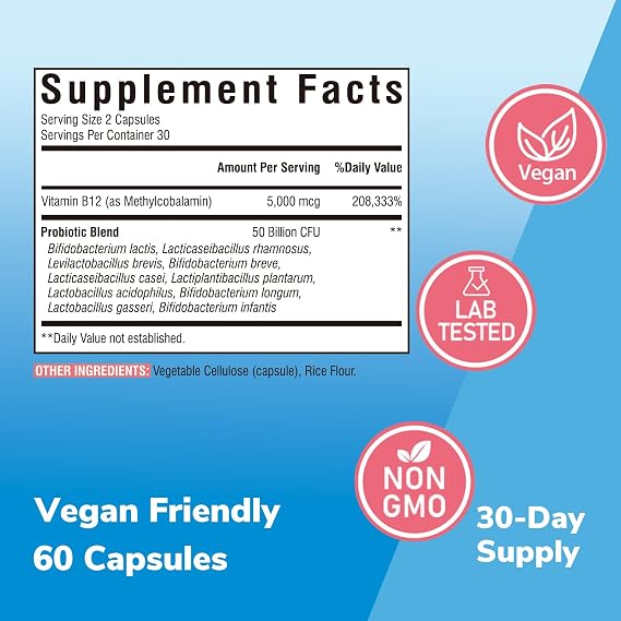 Vitalibre B12, 5000 mcg Methylcobalamin, with Probiotics 50 Billion CFU, 10 Strains, Mood, Energy, Digestive, Immune Health Support, Non-GMO, 60 Vegetarian Capsules