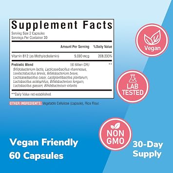 Vitalibre B12, 5000 mcg Methylcobalamin, with Probiotics 50 Billion CFU, 10 Strains, Mood, Energy, Digestive, Immune Health Support, Non-GMO, 60 Vegetarian Capsules