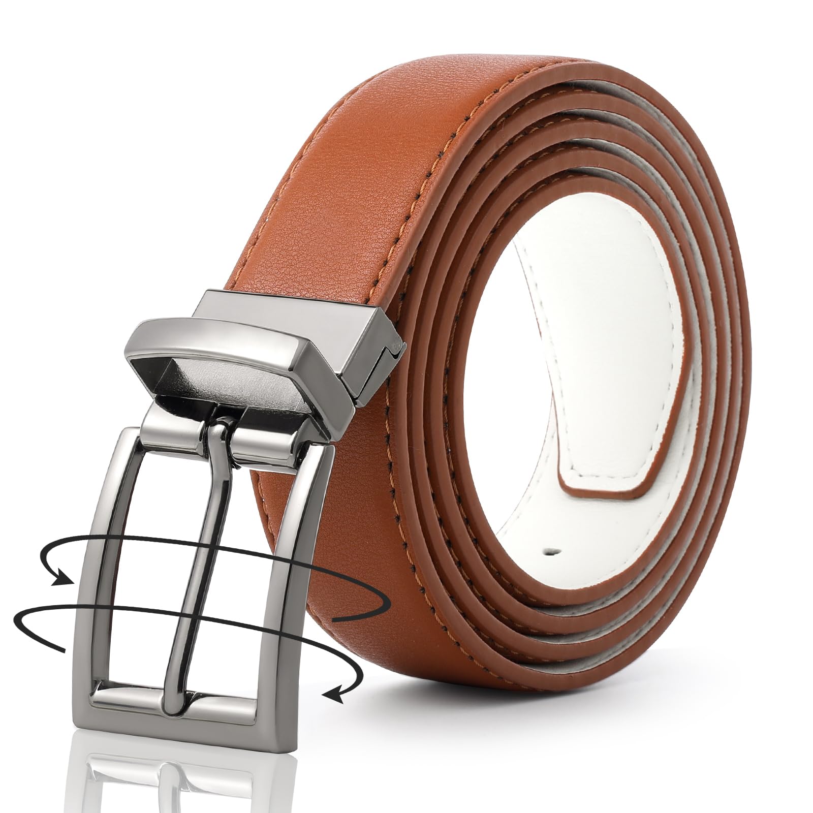 AWAYTR Reversible Leather Belt for Women - Two Color-in-One Belt for Women Men Belt with Rotated Buckle for Jeans Dress(White/Brown with Gun Color Buckle 39in(100cm))