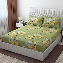Glace Cotton Fitted King Size Bedsheet for Double Bed with 2 Pillow Covers 72x78x8'' All Round Elastic (Print 8, Floral & Traditional King)