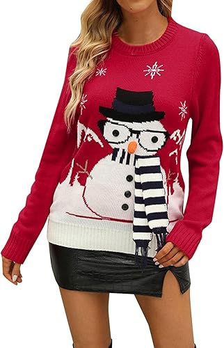 Suéter de Navidad para mujer, suéter de Navidad, muñeco de nieve, para fiesta, invierno, cálido, de manga larga, cuello redondo, sudadera de punto