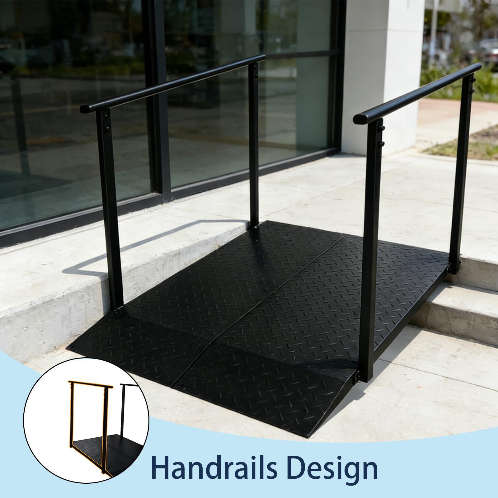 Rampa per Sedia a Rotelle con Corrimano 150 cm – Pedana Antiscivolo per Disabili e Anziani, Portata 450 kg, Ideale per Gradini, Soglie e Marciapiedi, Heavy Duty – Nero (150CM)