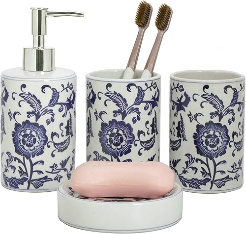 Juego de accesorios de baño florales de porcelana azul y blanca, dispensador de jabón, loción, jabón, vaso, soporte para cepillo de dientes, juego