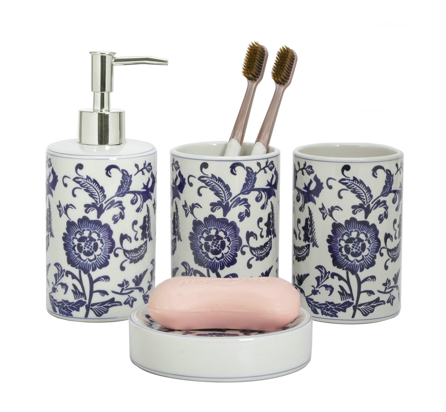 Blue and White Porcelain Floral Bathroom Accessories Set soap Dispenser Lotion soap Dish soap Tumbler Toothbrush Holder 4pc Set Chinoiserie Decor for Bathroom (Blue&White)