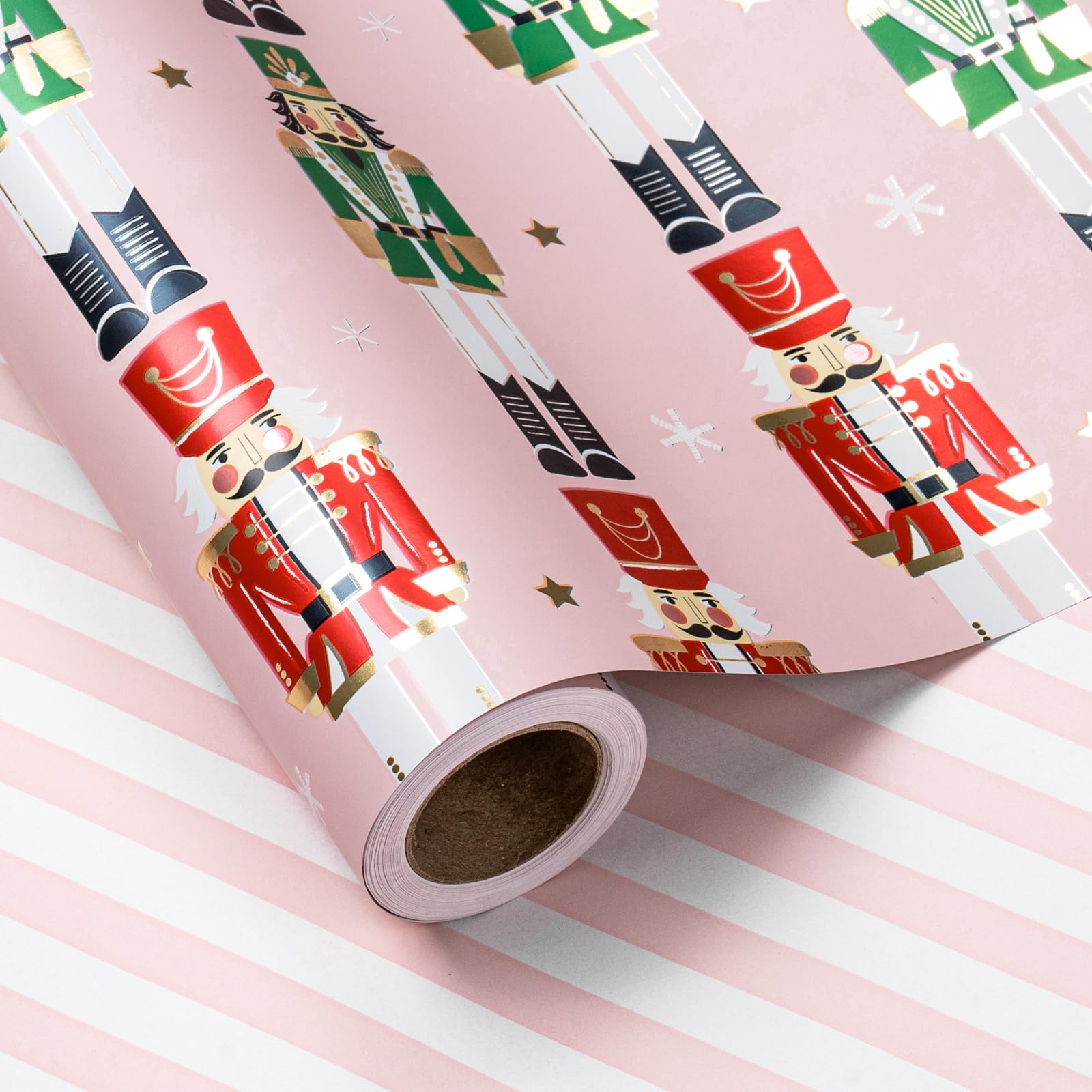 LeZakaa Reversible Christmas Wrapping Paper Roll - Pink Metallic Foil Gift Wrap Paper with Nutcracker & Stripe - 17 inches x 32.8 Feet (46.45 sq.ft.) โ image 1