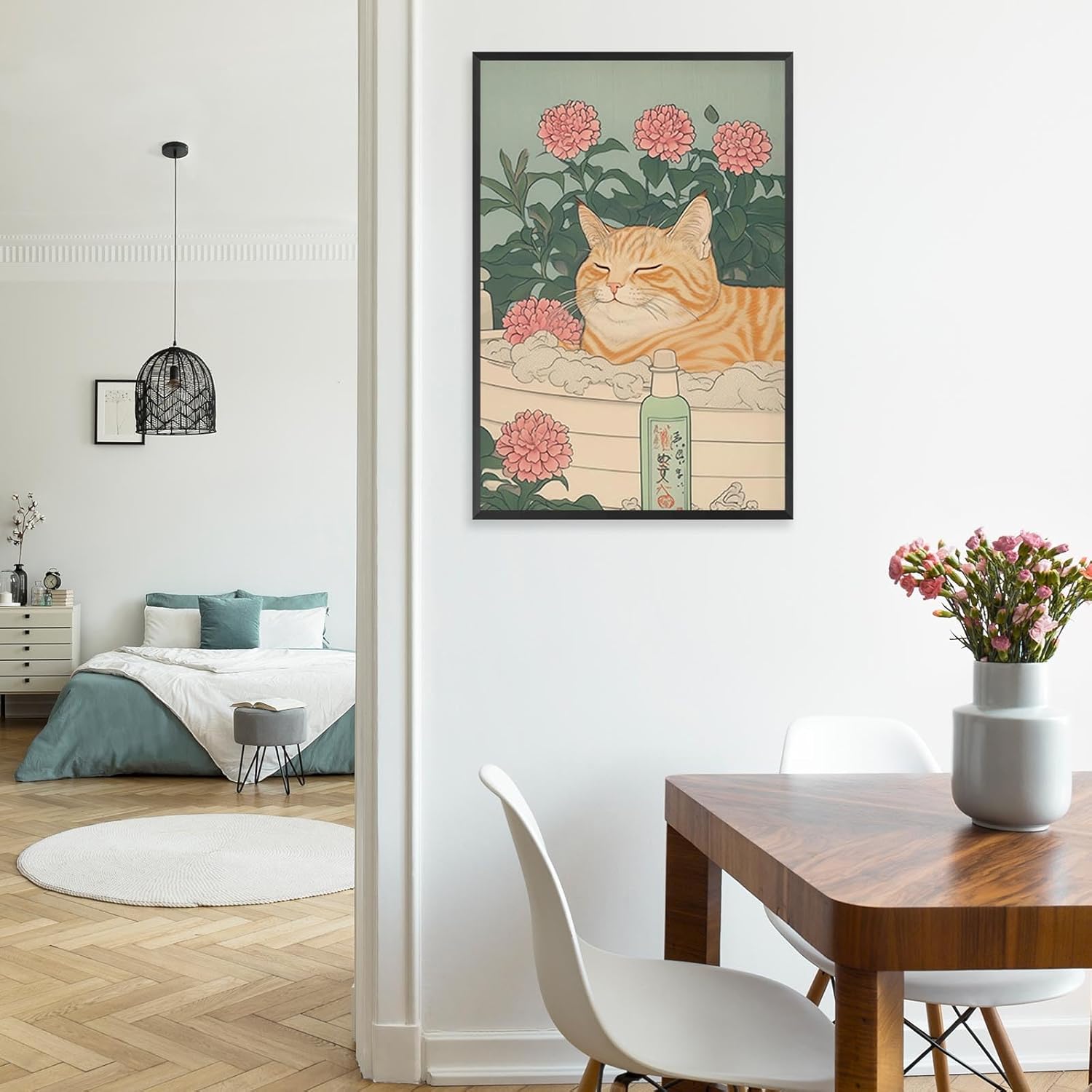 KFDJIG Japanese Ginger Tabby Cat Taking A Bath Posters Animals In The Bathtub Canvas Wall Art Flowers Aesthetic Prints Painting For Bathroom Home Bedroom Dorm Wall Decor 16x24in Framed