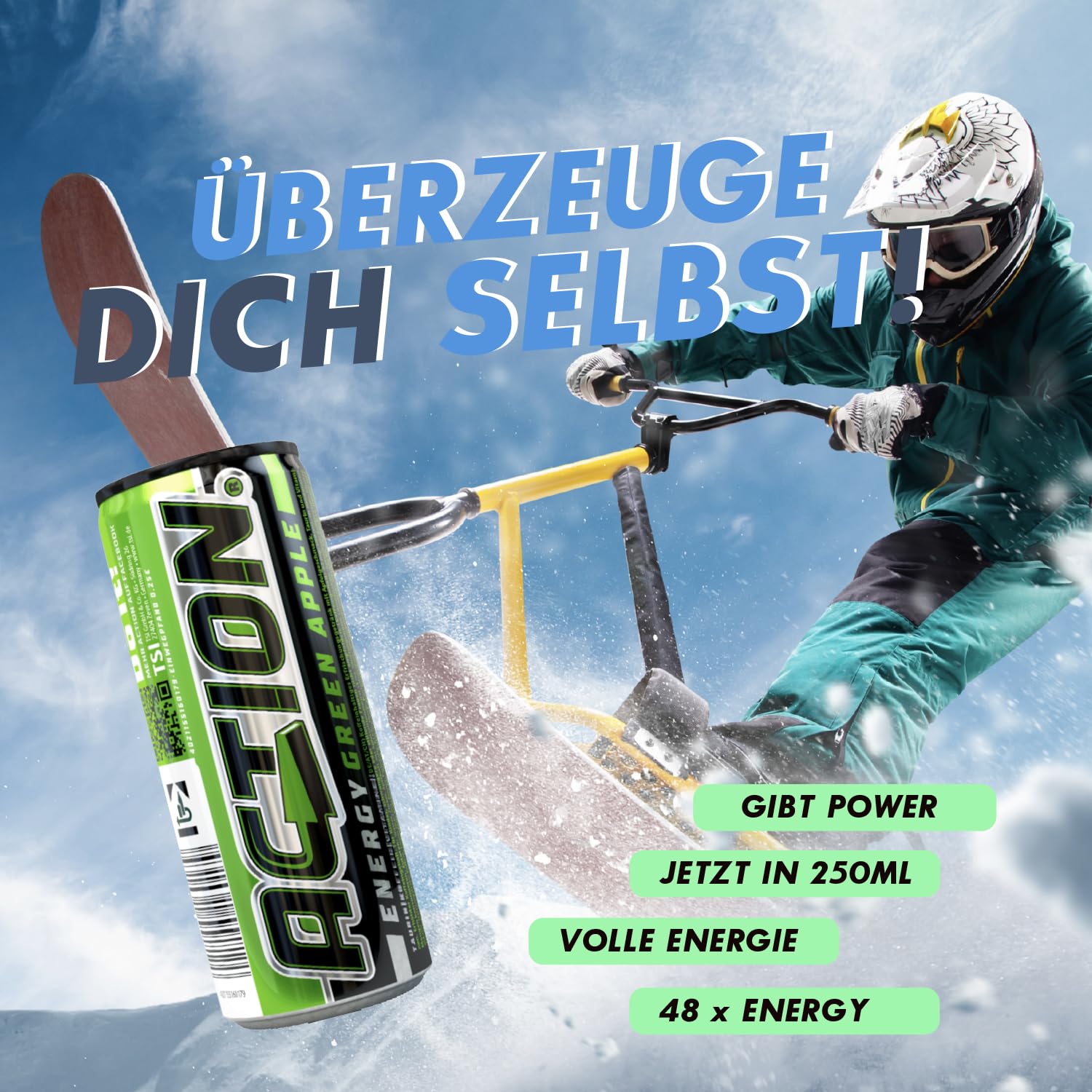Action Energy Drink Green Apple (48 x 250 ml) incluye depósito – Refresco con sabor a manzana verde – patata energética con mayor contenido de cafeína 31,5 mg/100 ml de cafeína enfoque mejorado