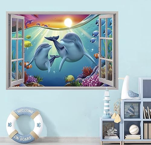 Miniatura 1 de IARTTOP Calcomanías de pared 3D con delfines 3D, calcomanías falsas para ventana, peces marinos, animales marinos, calcomanías de pared de peces