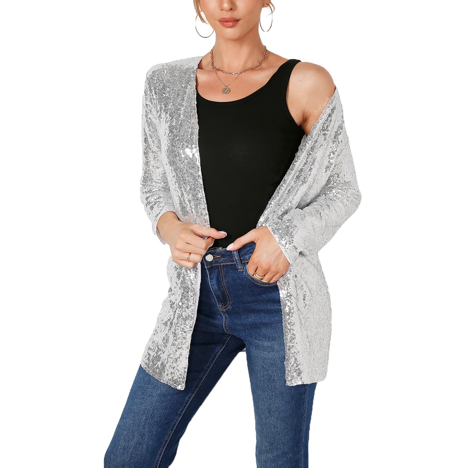 Damen Pailetten Jacke Glitzer Blazer Elegant Offene Vorne Langarm Pailetten Cardigan Festliche Strickjacke Party Club