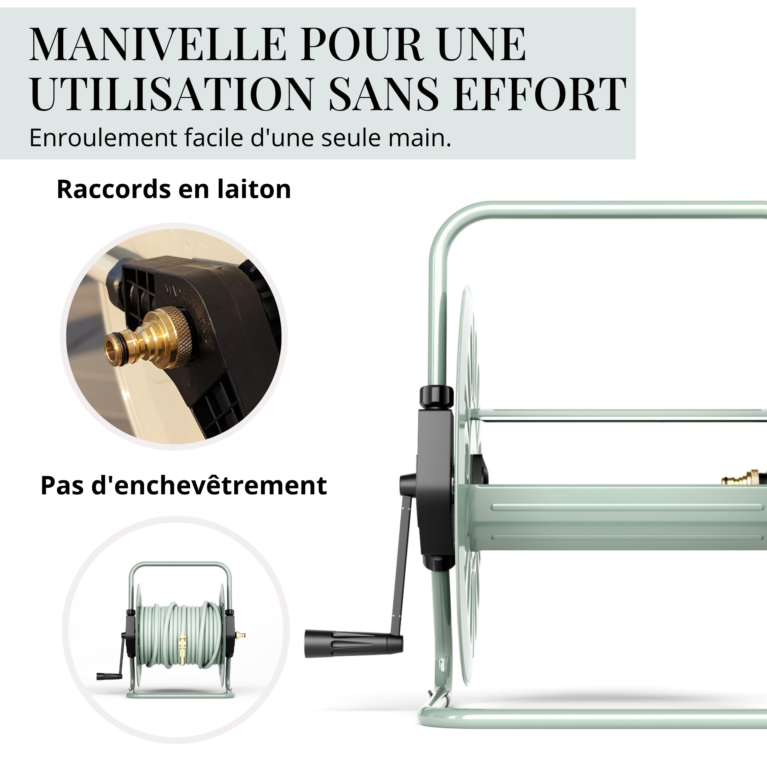 Livlig53 LIVLIG Enrouleur de tuyau d'arrosage en métal de 50 m, avec revêtement par pulvérisation, montage mural et au sol, fabriqué en Italie, vert