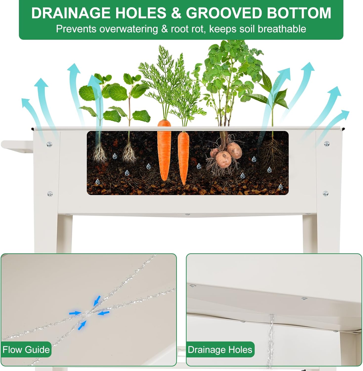 Elevated 32" Tall Raised Garden Bed with Legs and Wheels for Mobility, Metal Planter Boxes Outdoor with Shelf, Raised Bed for Gardening Vegetables/Herbs, Backyard, Patio, Balcony, White