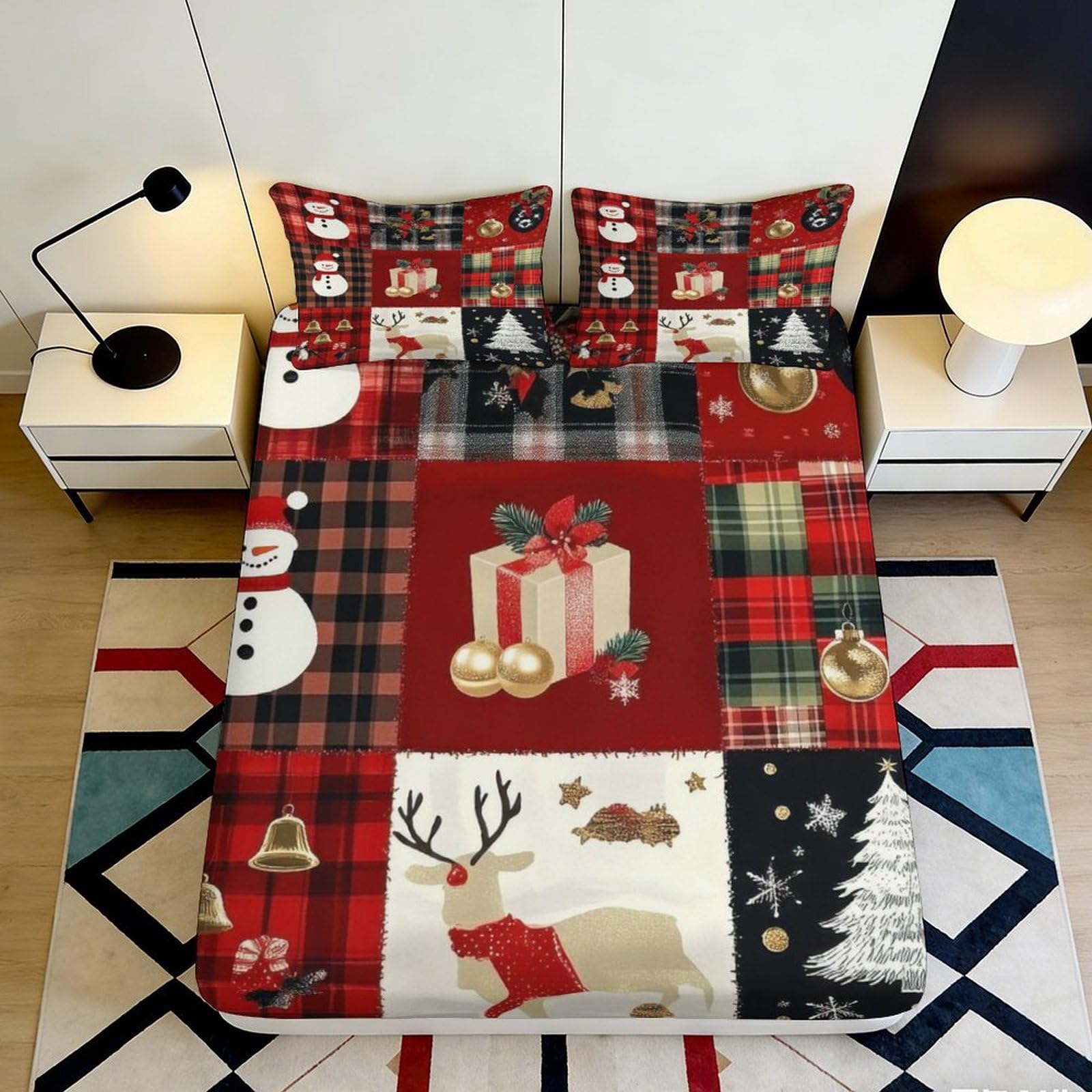 3D Printed Christmas Patchwork Fitted Sheet Microfiber Soft Red Plaid Snowman Bed Cover for Bedroom Guest Room Decor 90x200x25cm