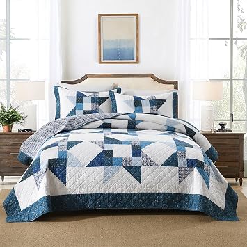 Cotton Quilt Bedding Sets 3 Pieces Soft Reversible Coverlets Luxury Star Real Patchwork Bedspread, Blue White, King Size