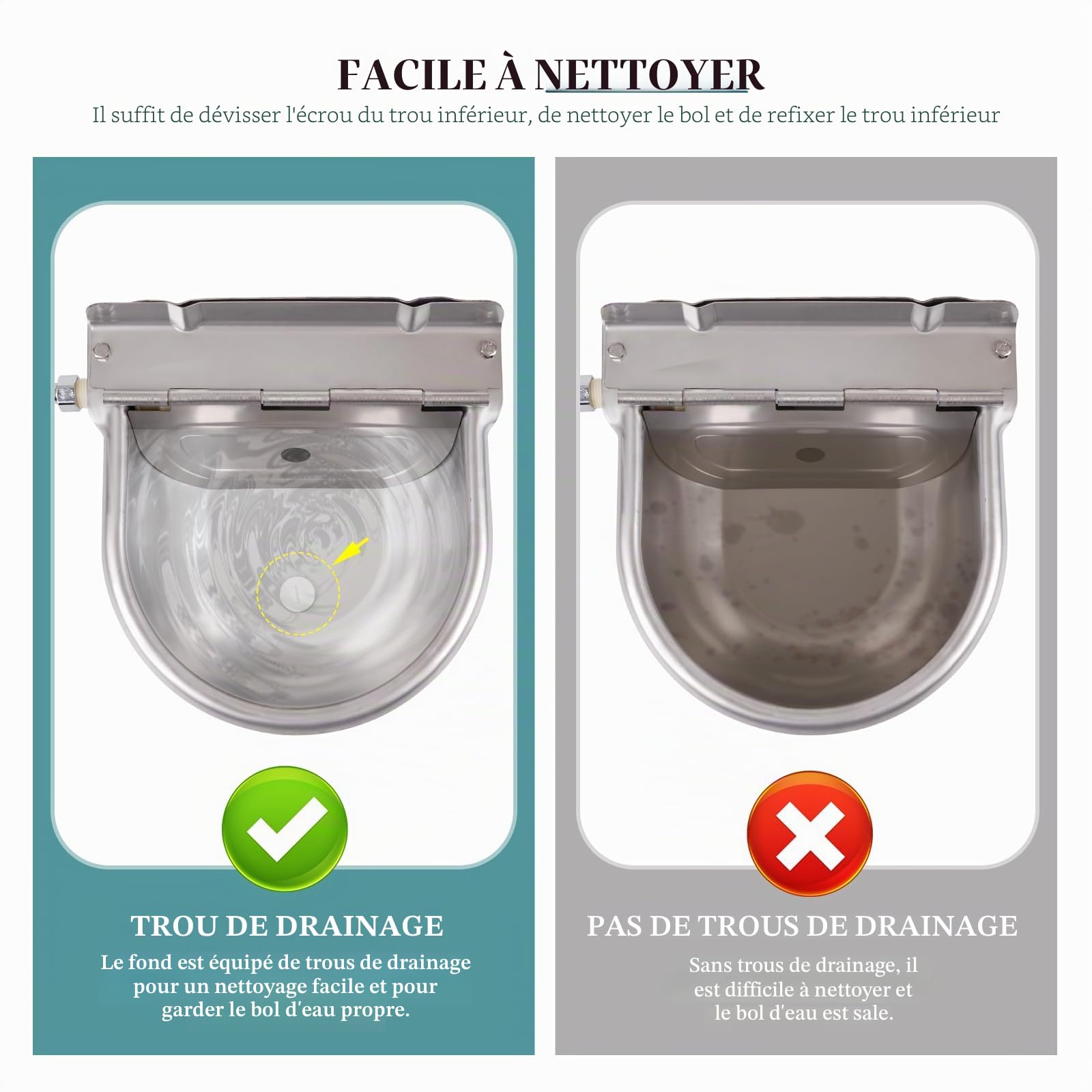 Abreuvoir automatique en acier inoxydable avec trou de drainage et tuyau tressé de 80 cm pour bovins, chevaux, moutons, chèvres, chiens