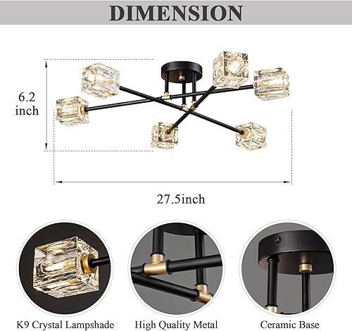Miniatura 6 de Lámpara de techo semiempotrada de 6 luces, moderna lámpara Sputnik del siglo negro y dorado, accesorios de iluminación de montaje en techo de