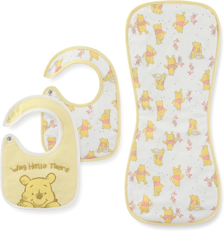 Disney Winnie the Pooh Juego de babero y paño para eructar para bebé de 3 piezas, suave y absorbente, elementos esenciales para la dentición, babeo, para recién nacidos y bebés