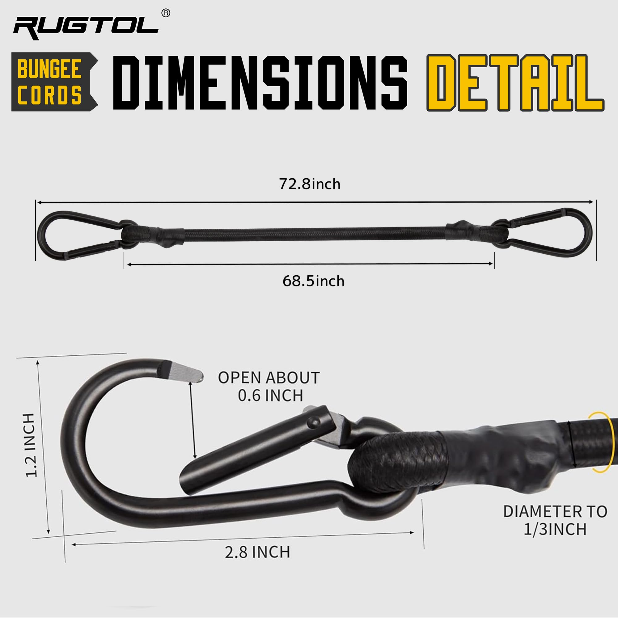 Bungee Cords with Carabiner, 72 Inch Long Heavy Duty Bungee Cords with Carabiner Clip Outdoor, 3/8 Inch Black Extra Strong Elastic Rope with Carabiner Hooks for Camping, Tarps, Bike Rack, Tent, 4 Pack — Amazon image 2
