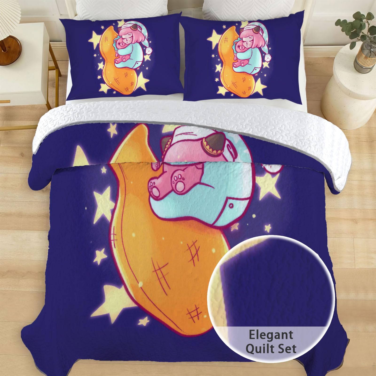 Allenjoy Queen Size Sleeping Child Illustration Quilt Bedspreads Glowing Stars Bed Set Bedding Coverlet Fabric Washable with 2 Pillow Shams SC00754-007