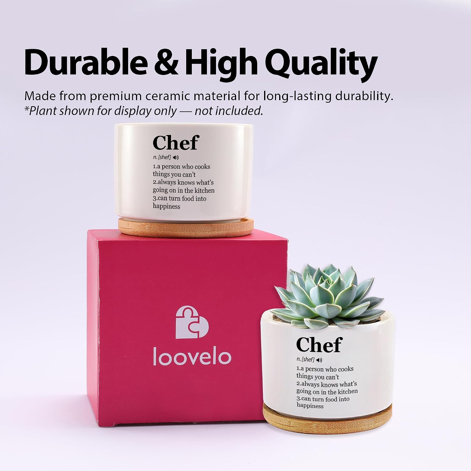 Chef Definition Ceramic Succulent Plant Pot with Bamboo Tray Round Cook Culinary Student Sous Chef Pasty Chef Baker Home Office Decor Plant Lover 3.5 Inch White (No Plants) image 4