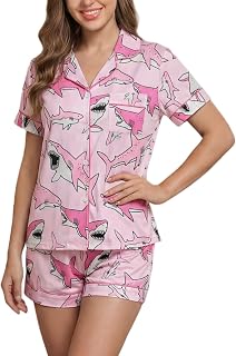 Casual Women's Pajamas with Printed Short Sleeved Button Down Top and Shorts Pjs Loungewear Set
