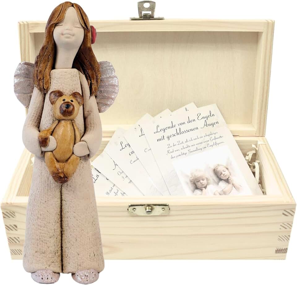 butterfly Figura De Ángel Protector En Cerámica Con Osito Y Caja De Regalo De Madera Natural