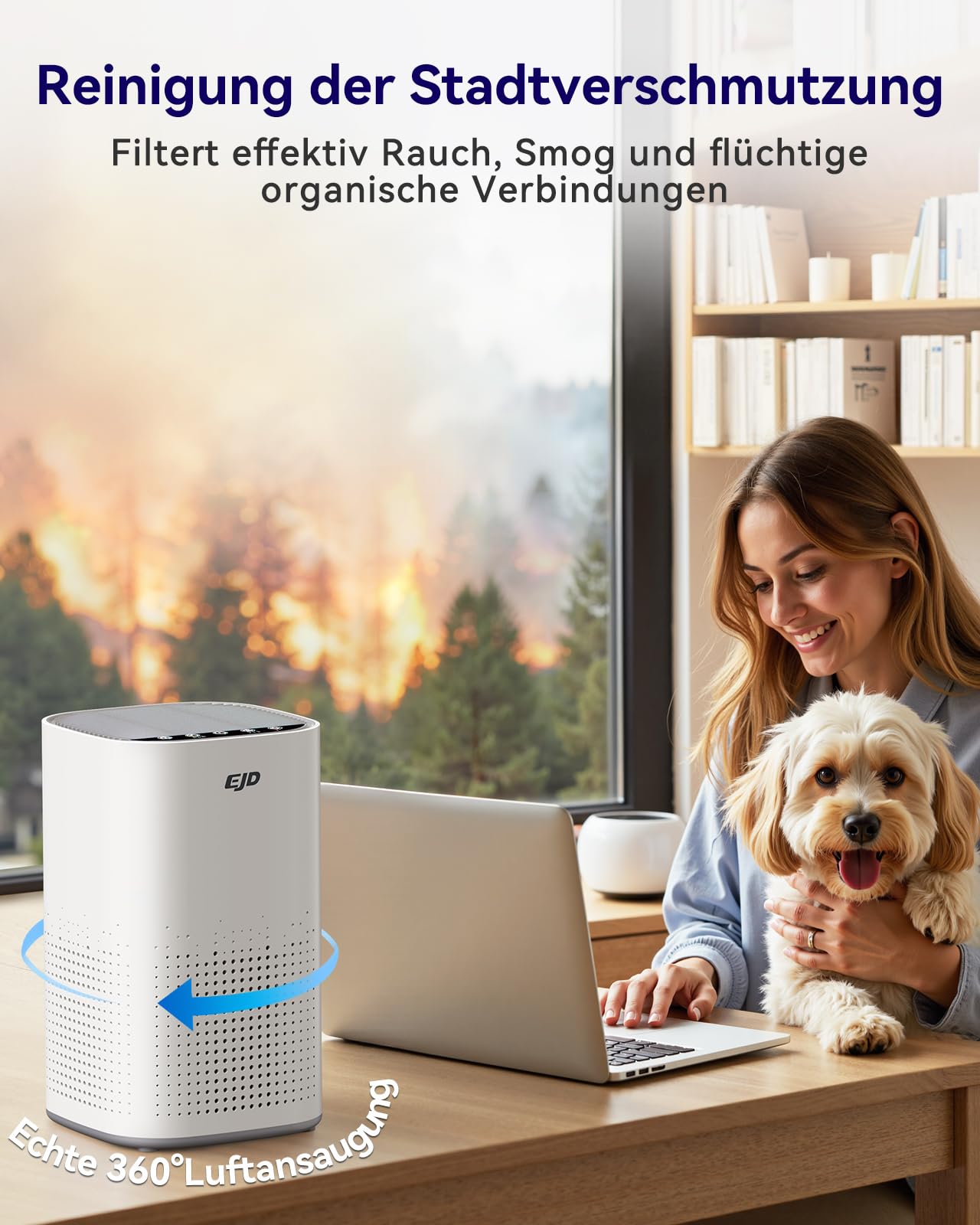EJD Luftreiniger für große Schlafzimmer bis zu 70 m² mit CADR 223 m³/h | leiser H13 HEPA-Luftreiniger mit 15 dB Schlafmodus, 3-in-1-Filter entfernt 99,97% Pollen, Staub, Tierhaare, Gerüche (Weiß)