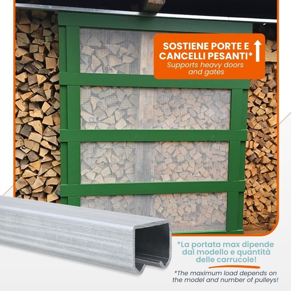 TENDAGGIMANIA Rail Porte Coulissante en Fer Galvanisé + 5 Glissiers Inclus (Chaque Glissier Supporte 35 kg) - Longueur 200CM - Idéal pour Porte Coulissante - Accessoire Personnalisable