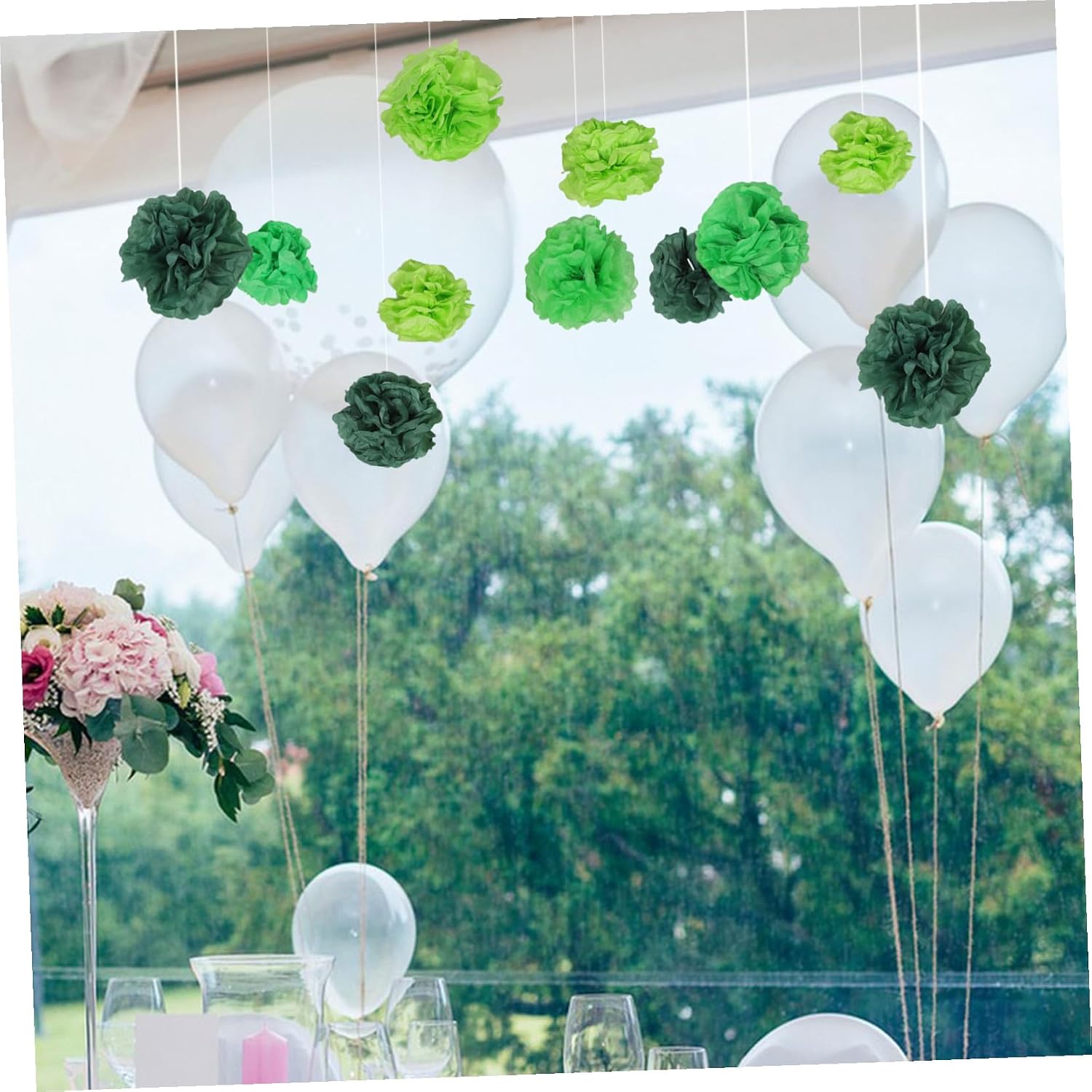 COOLHIYA 21pcs Green Tissue Paper Pom Poms Paper Party Decorations for Birthday Graduation School Spring Festival Celebration Photo Booth Background